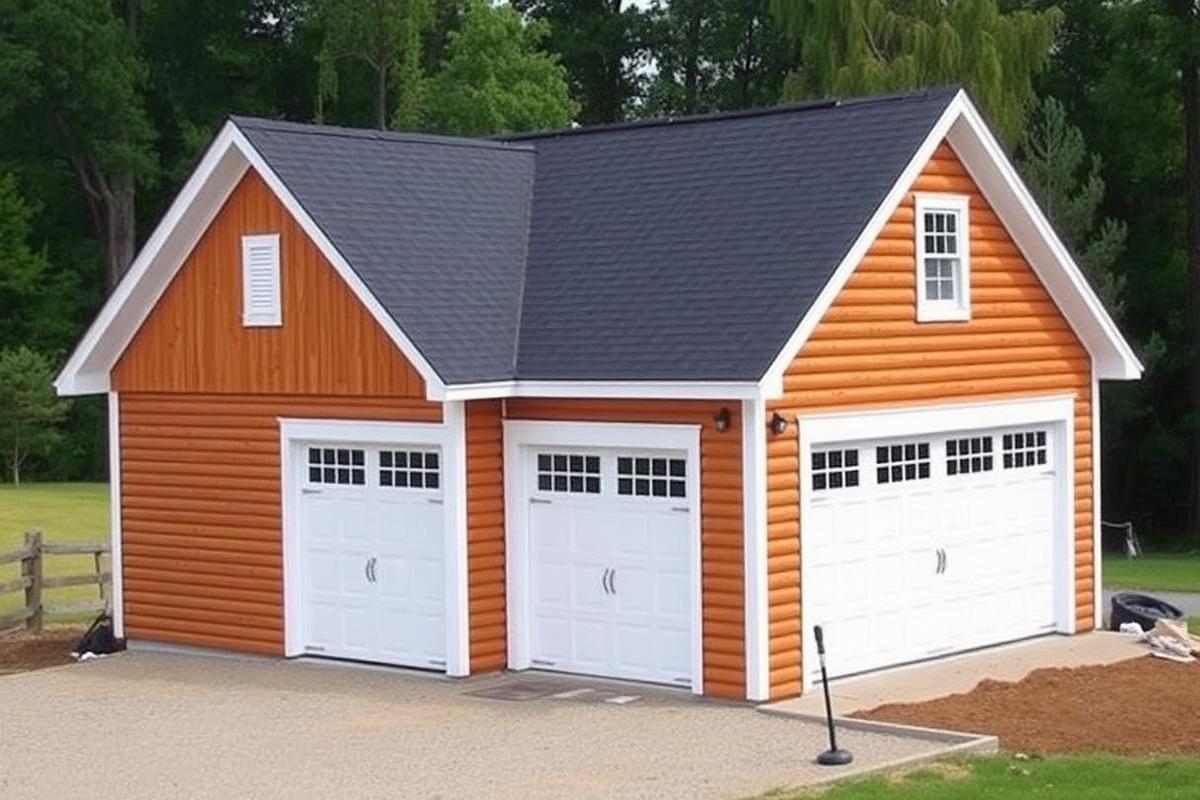 Newly built detached garage with matching siding and shingle roof