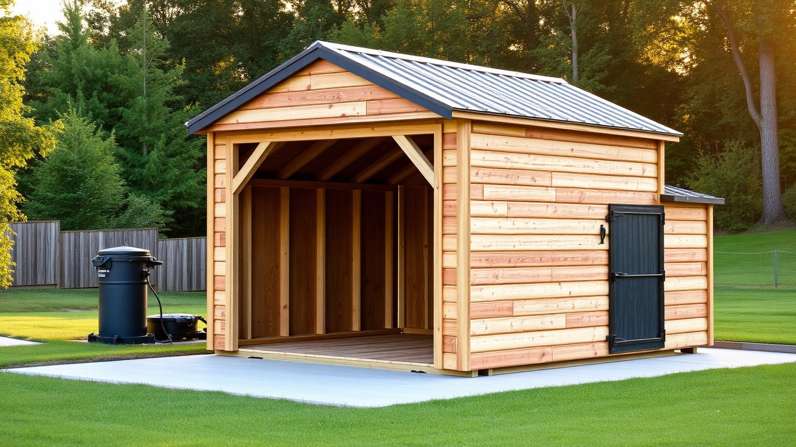 Newly built custom wood storage shed with a metal roof in an Owensboro, Kentucky backyard
