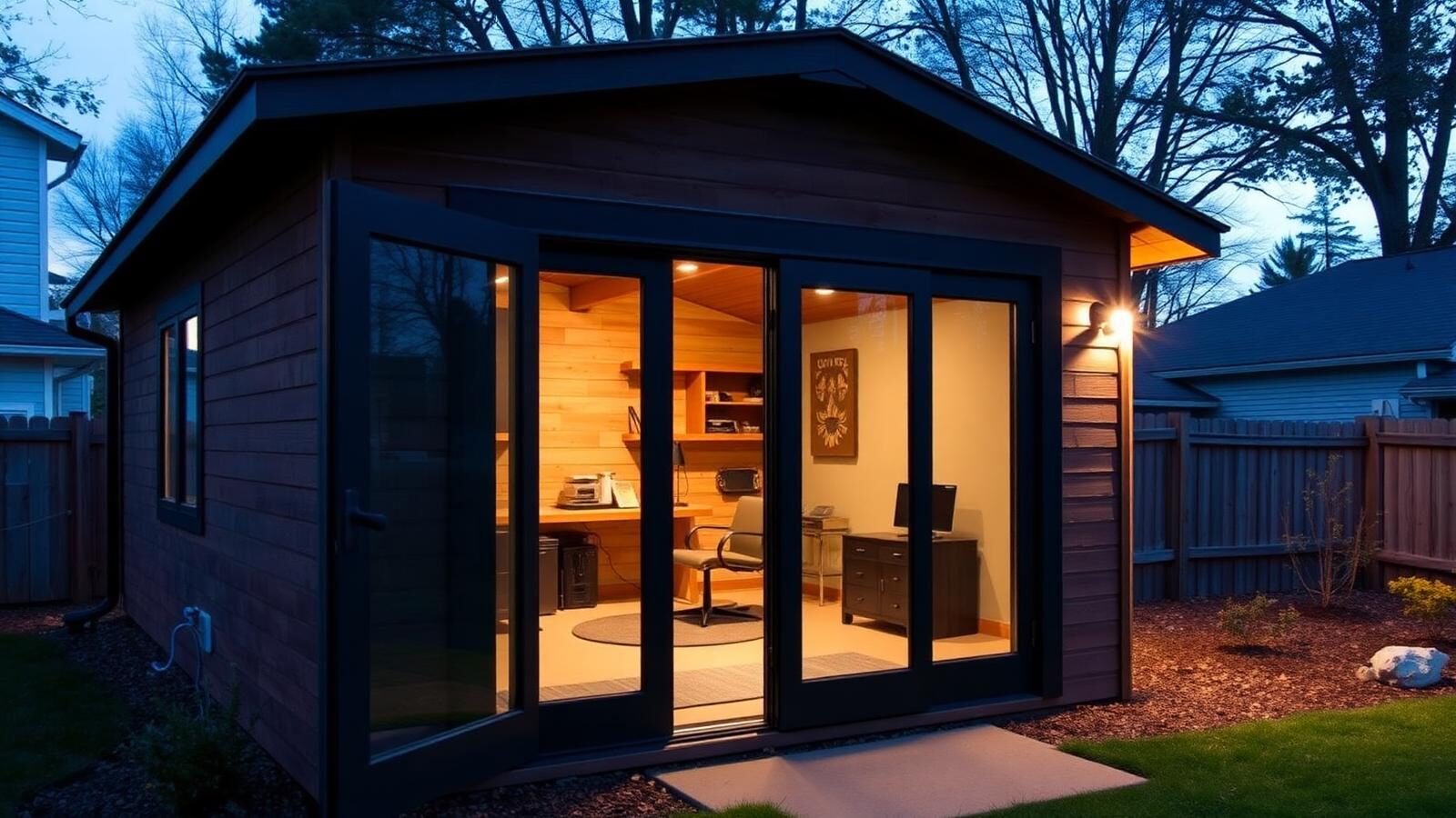 Finished backyard home office studio with glass doors lit at dusk