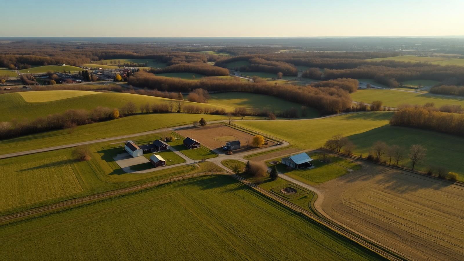 Rolling western Kentucky farmland with barns and outbuildings near Owensboro