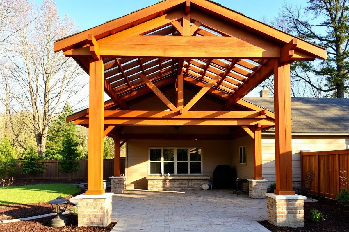 Cedar timber pavilion built over a paver patio behind a Kentucky home