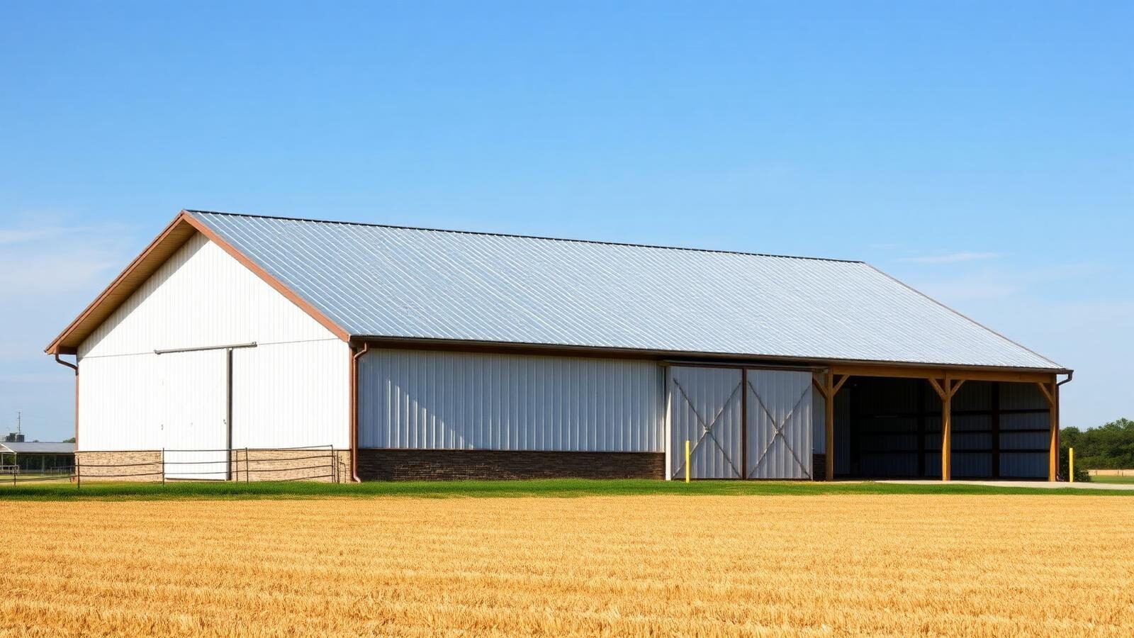 Post-frame pole barn with metal roof and sliding doors on a western Kentucky farm