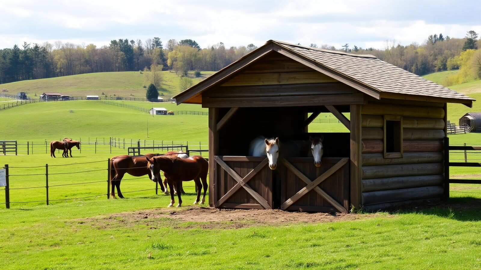 Three-sided run-in shed shelter in a fenced Kentucky horse pasture