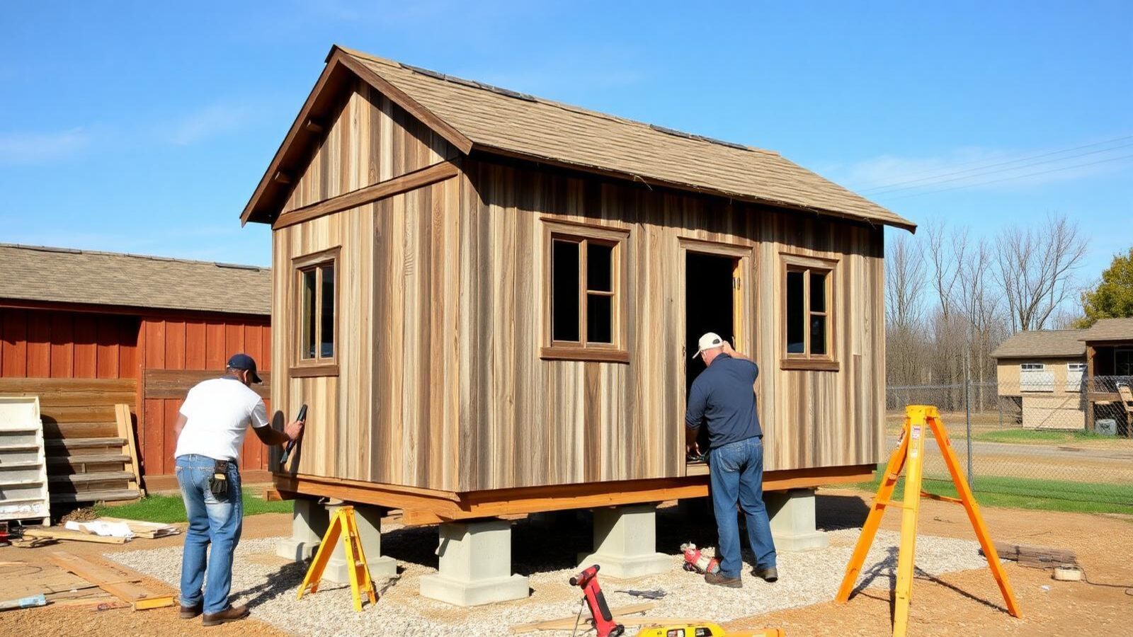Crew leveling and repairing an older wood shed on concrete piers