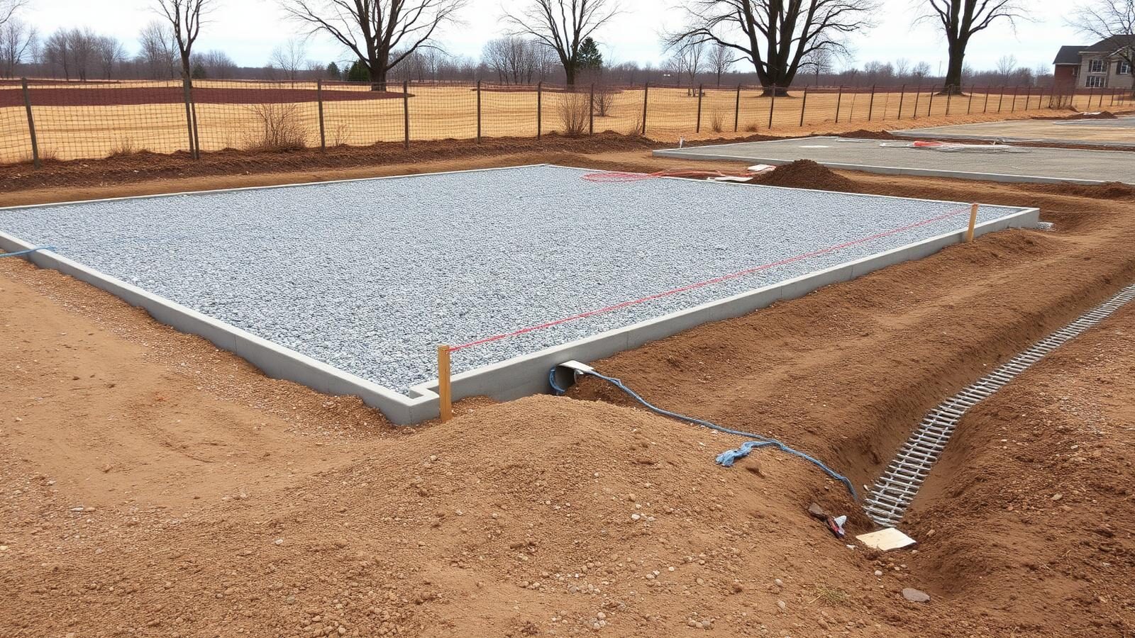 Compacted gravel pad and drainage trench prepared for a new outbuilding