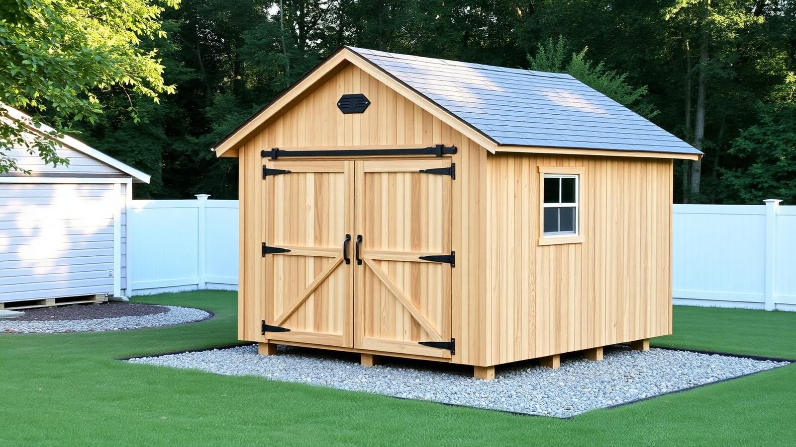 Custom wood storage shed with double barn doors on a gravel pad in a Kentucky backyard