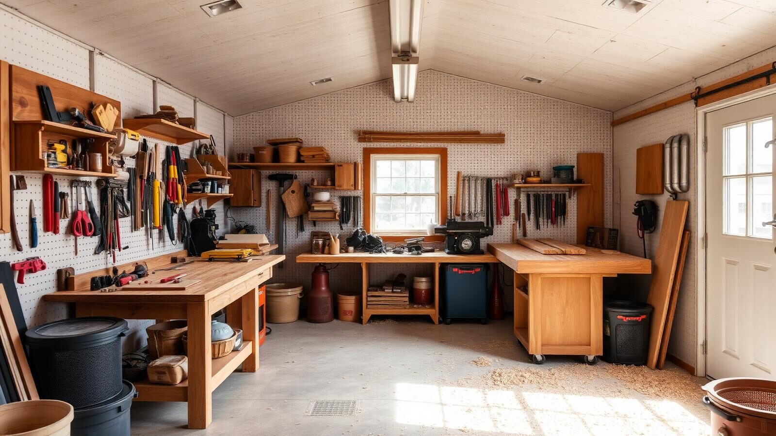 Interior of an insulated backyard workshop with workbench and tool wall
